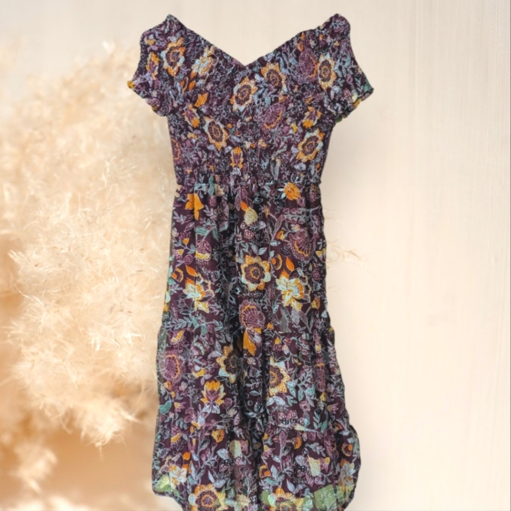 Bb Dakota smock off shoulder criss cross sleeveless dress in purple floral print